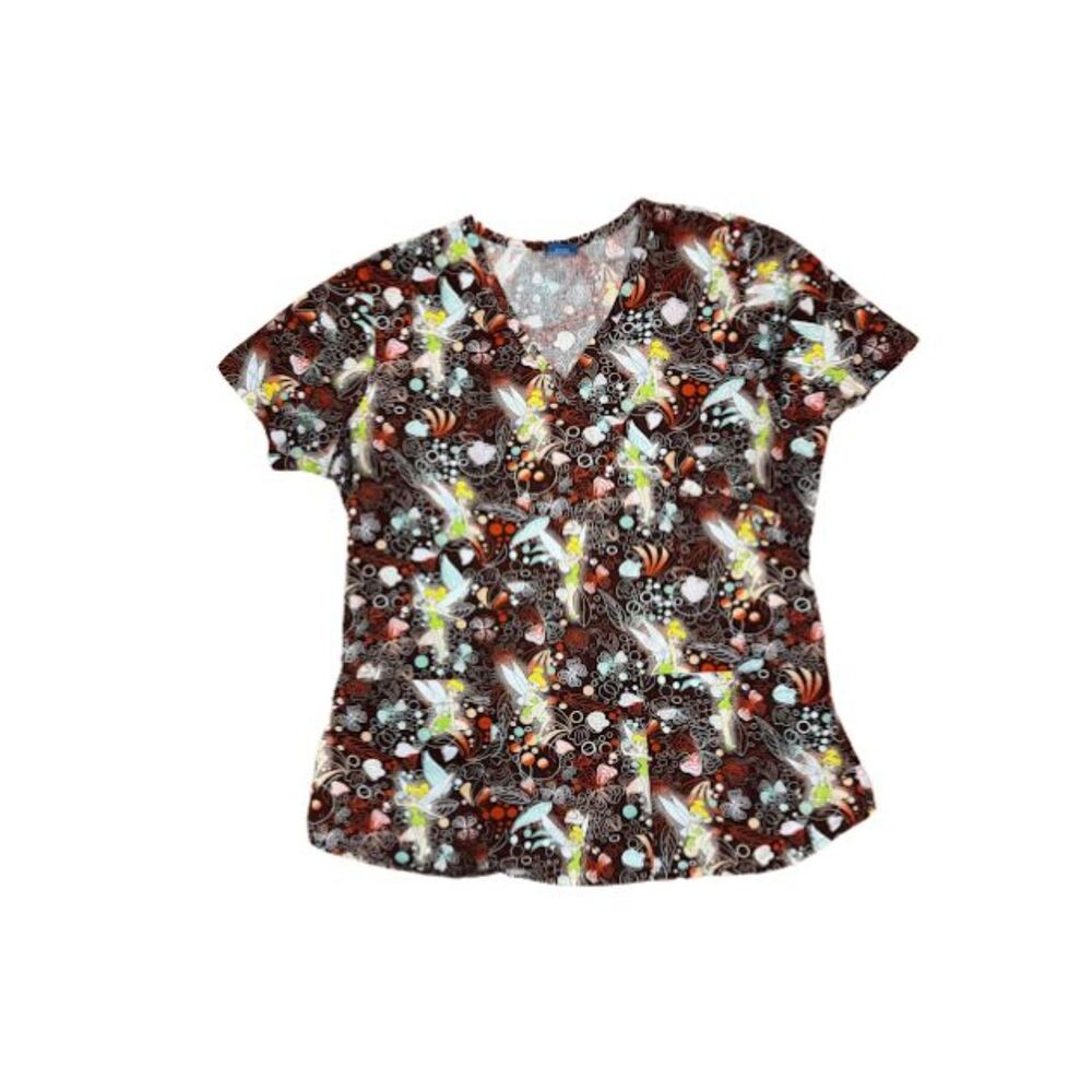 Disney scrub top Tinkerbell brown large pockets cinched waist